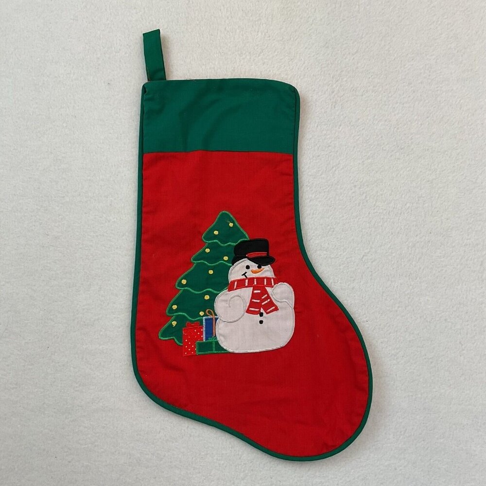 Christmas Stocking Snowman Tree Presents Appliquéd Red Green Holiday‎